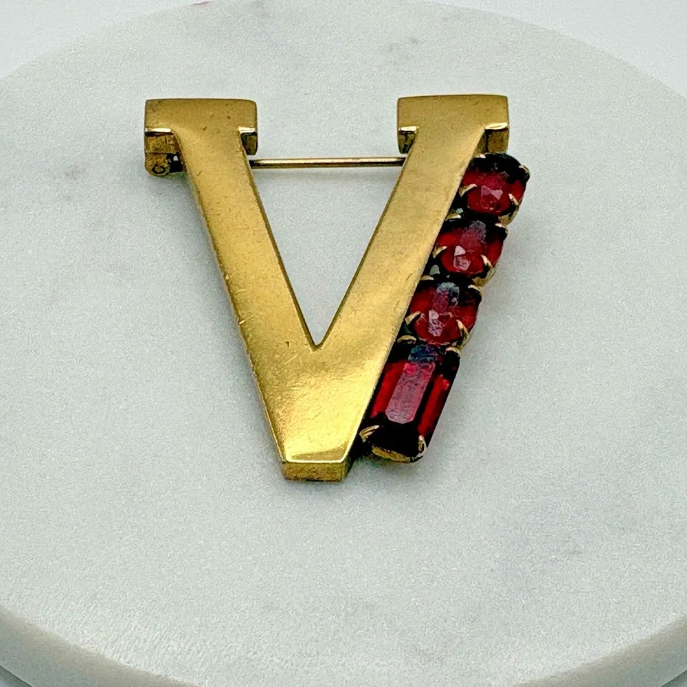 Vintage V Victory Brooch Red Glass Initial V Gold Filled WWII Pin